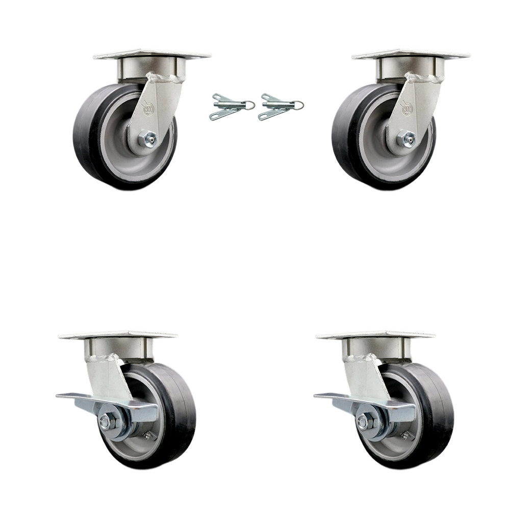 Heavy Duty Kingpinless Swivel Caster Set of 4 with 5 Inch Rubber on Aluminum Wheels and Ball Bearings - Includes 2 Swivel with Bolt on Swivel Locks and 2 Swivel with Brakes - Service Caster Brand — photo 1