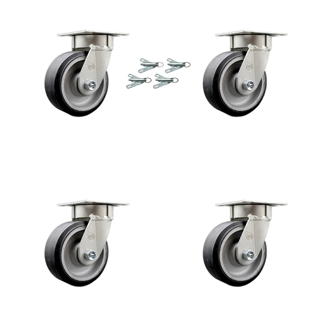 Heavy Duty Kingpinless Swivel Caster Set of 4 with 5 Inch Rubber on Aluminum Wheels and Ball Bearings -Includes 4 Swivel with Bolt on Swivel Locks - 2,000lbs. Total Capacity - Service Caster Brand — photo 1
