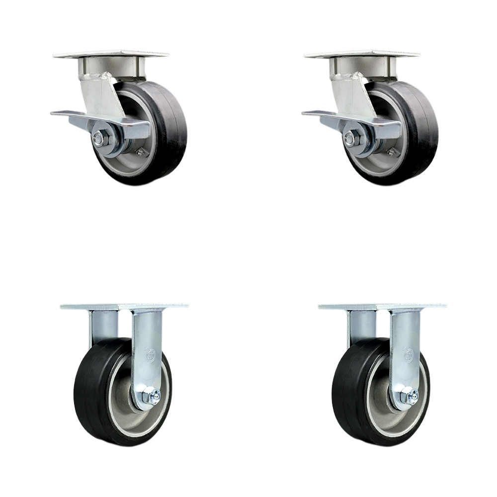 Kingpinless Rubber on Aluminum Swivel Top Plate Caster Set of 4 w/5" x 2" Black Wheels - Includes 2 Swivel with Brakes & 2 Rigid - 2000 lbs Total Capacity - Service Caster Brand — photo 1