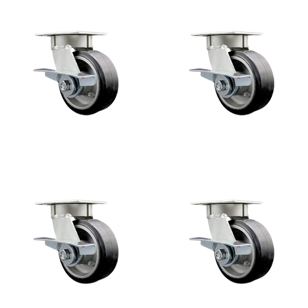 Heavy Duty Kingpinless Swivel Caster Set of 4 with 5 Inch Rubber on Aluminum Wheels and Ball Bearings - Includes 4 Swivel with Side Lock Brakes - 2,000 lbs. Total Capacity - Service Caster Brand — photo 1