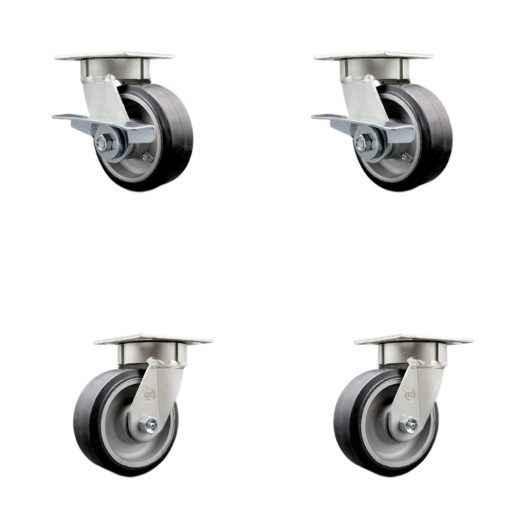 Heavy Duty Kingpinless Swivel Caster Set with 5 Inch Rubber on Aluminum Wheels and Ball Bearings-Includes 2 Swivel with Brake and Bolt on Swivel Lock and 2 Swivel with Swivel Lock-Service Caster Brand — photo 1