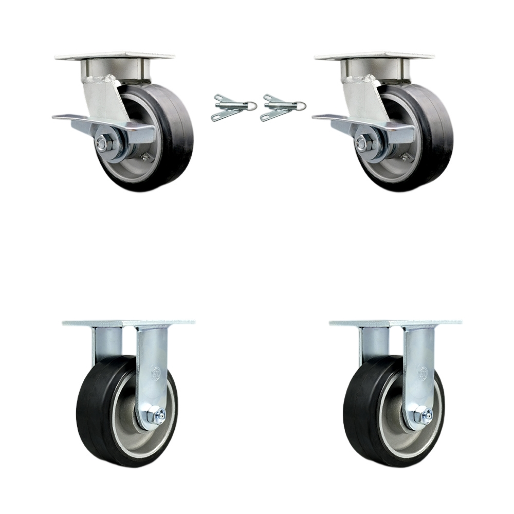 Heavy Duty Kingpinless Swivel Caster Set of 4 with 5 Inch Rubber on Aluminum Wheels and Ball Bearings - Includes 2 Swivel with Brakes and Bolt on Swivel Locks and 2 Rigid - Service Caster Brand — photo 1