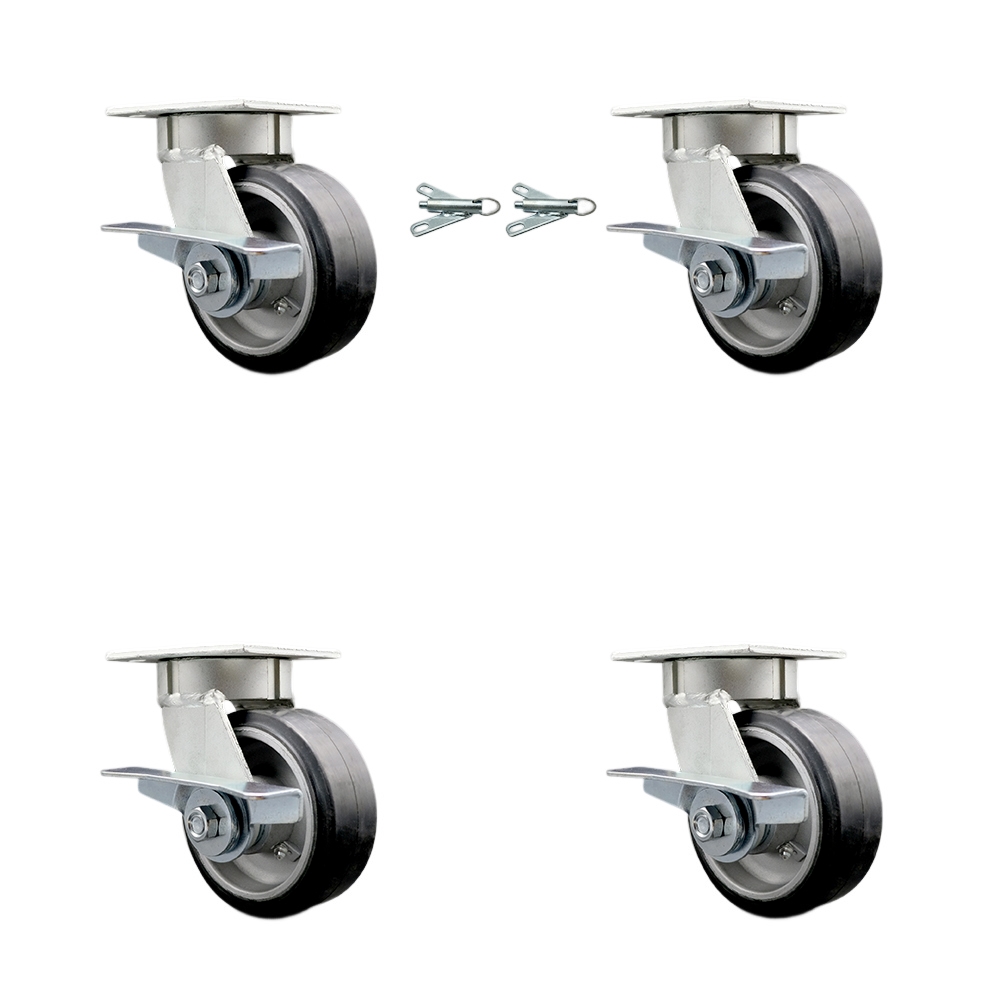 Kingpinless Rubber on Aluminum Swivel Top Plate Caster Set 4 w/5" x 2" Black Wheels-Includes 2 Swivel with Brakes and Bolt on Swivel Locks&2 Swivel with Brakes-2000 lbs Total Cpty-Service Caster Brand — photo 1