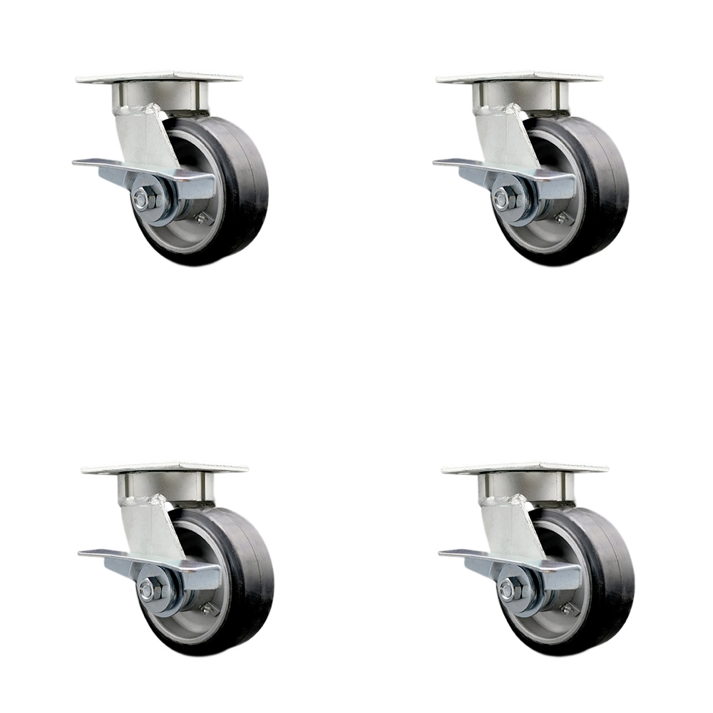 Kingpinless Rubber on Aluminum Swivel Top Plate Caster Set of 4 w/5" x 2" Black Wheels - Includes 4 Swivel w/Side Lck Brakes & Bolt on Swivel Locks - 2000 lbs Total Capacity - Service Caster Brand — photo 1