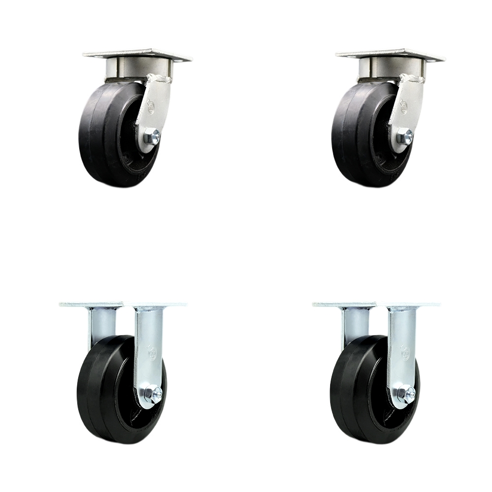 Heavy Duty Kingpinless Swivel Caster Set of 4 with 5 Inch Rubber on Cast Iron Wheels and Ball Bearings - Includes 2 Swivel and 2 Rigid - 1,600 lbs. Total Capacity - Service Caster Brand — photo 1