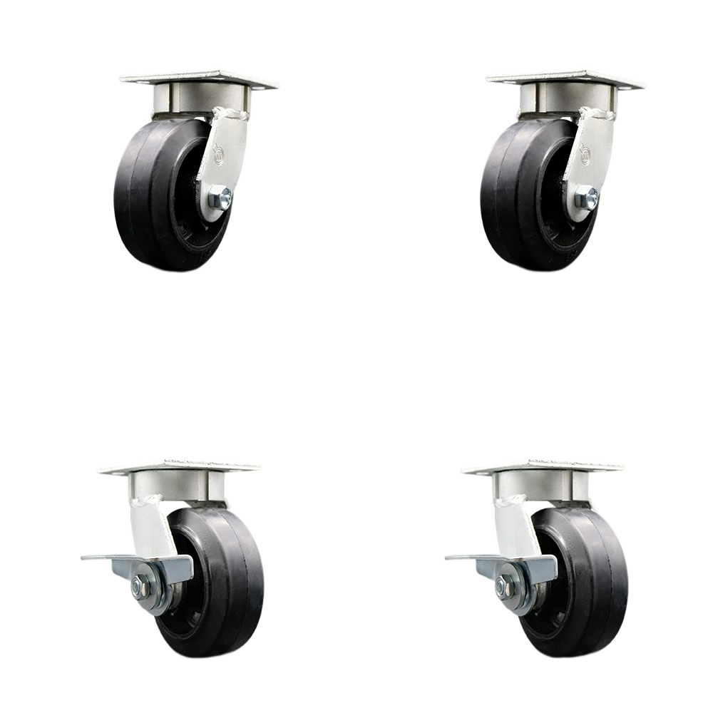 Heavy Duty Kingpinless Swivel Caster Set of 4 with 5 Inch Rubber on Cast Iron Wheels and Ball Bearings -Includes 2 Swivel with Brakes and 2 Swivel - 1,600 lbs. Total Capacity - Service Caster Brand — photo 1