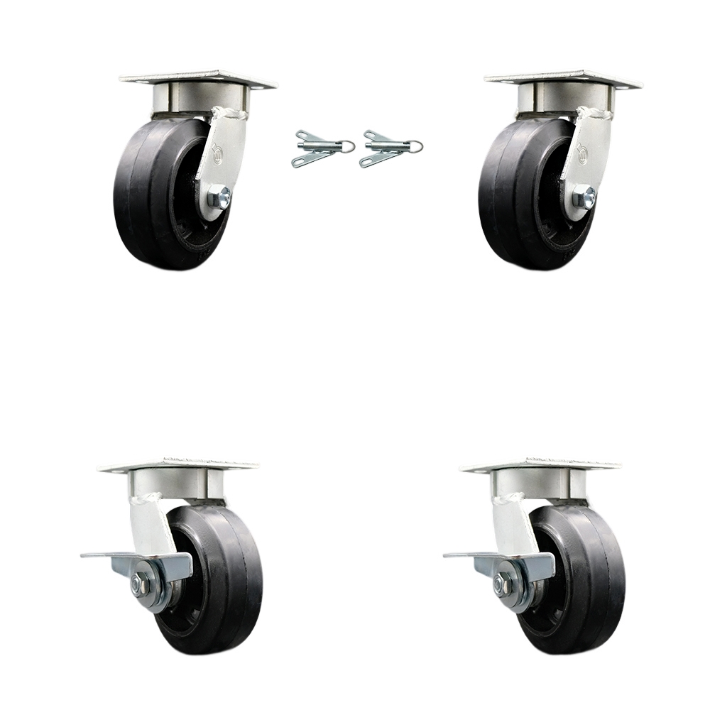 Heavy Duty Kingpinless Swivel Caster Set of 4 with 5 Inch Rubber on Cast Iron Wheels and Ball Bearings - Includes 2 Swivel with Bolt on Swivel Locks and 2 Swivel with Brakes - Service Caster Brand — photo 1