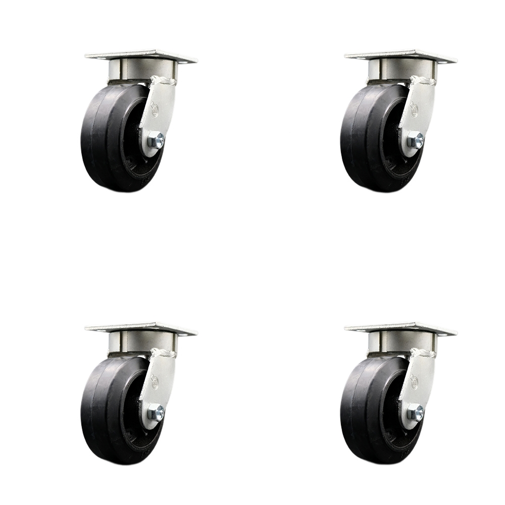 Kingpinless Rubber on Cast Iron Swivel Top Plate Caster Set of 4 w/5" x 2" Black Wheels - Includes 4 Swivel w/Bolt on Swivel Locks - 1600 lbs Total Capacity - Service Caster Brand — photo 1