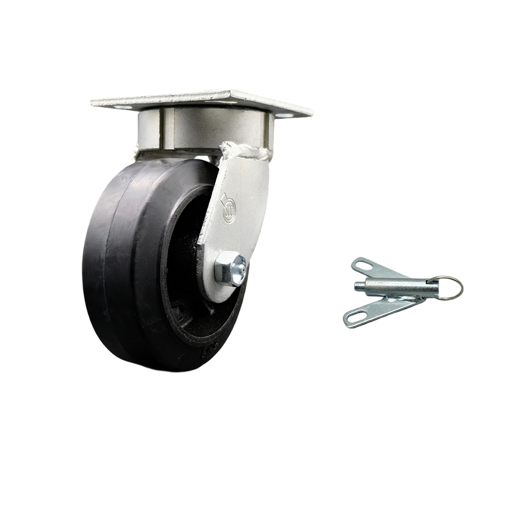 Kingpinless Rubber on Cast Iron Swivel Top Plate Caster w/5" x 2" Black Wheel & Bolt on Swivel Lock - 400 lbs Capacity/Caster - Service Caster Brand — photo 1