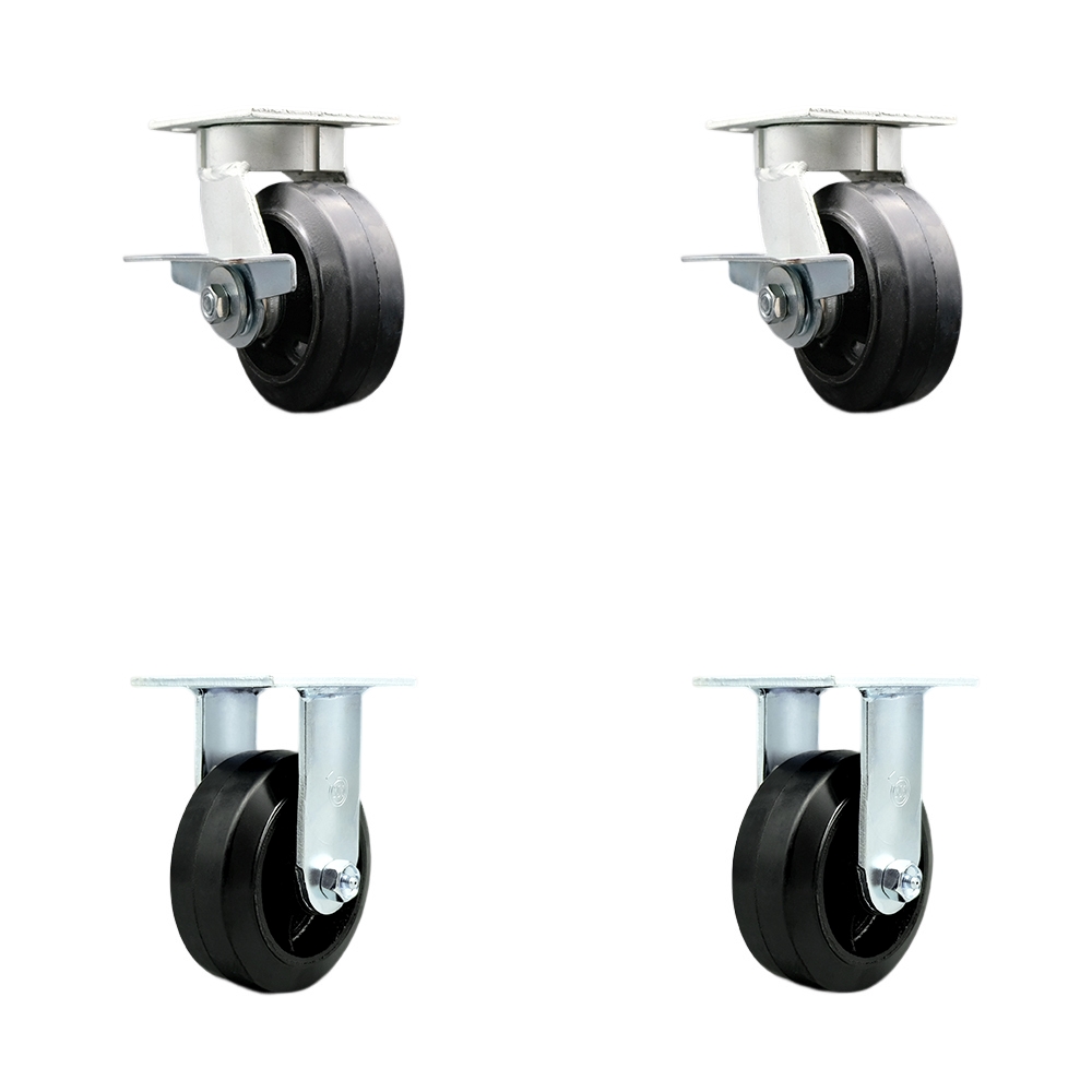 Kingpinless Rubber on Cast Iron Swivel Top Plate Caster Set of 4 w/5" x 2" Black Wheels - Includes 2 Swivel with Brakes & 2 Rigid - 1600 lbs Total Capacity - Service Caster Brand — photo 1