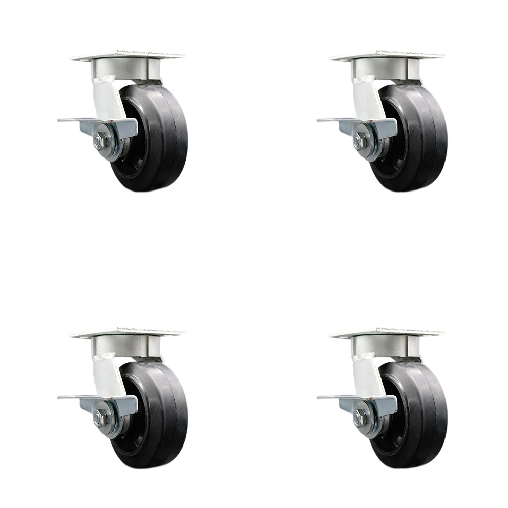 Heavy Duty Kingpinless Swivel Caster Set of 4 with 5 Inch Rubber on Cast Iron Wheels and Ball Bearings - Includes 4 Swivel with Side Lock Brakes - 1,600 lbs. Total Capacity - Service Caster Brand — photo 1