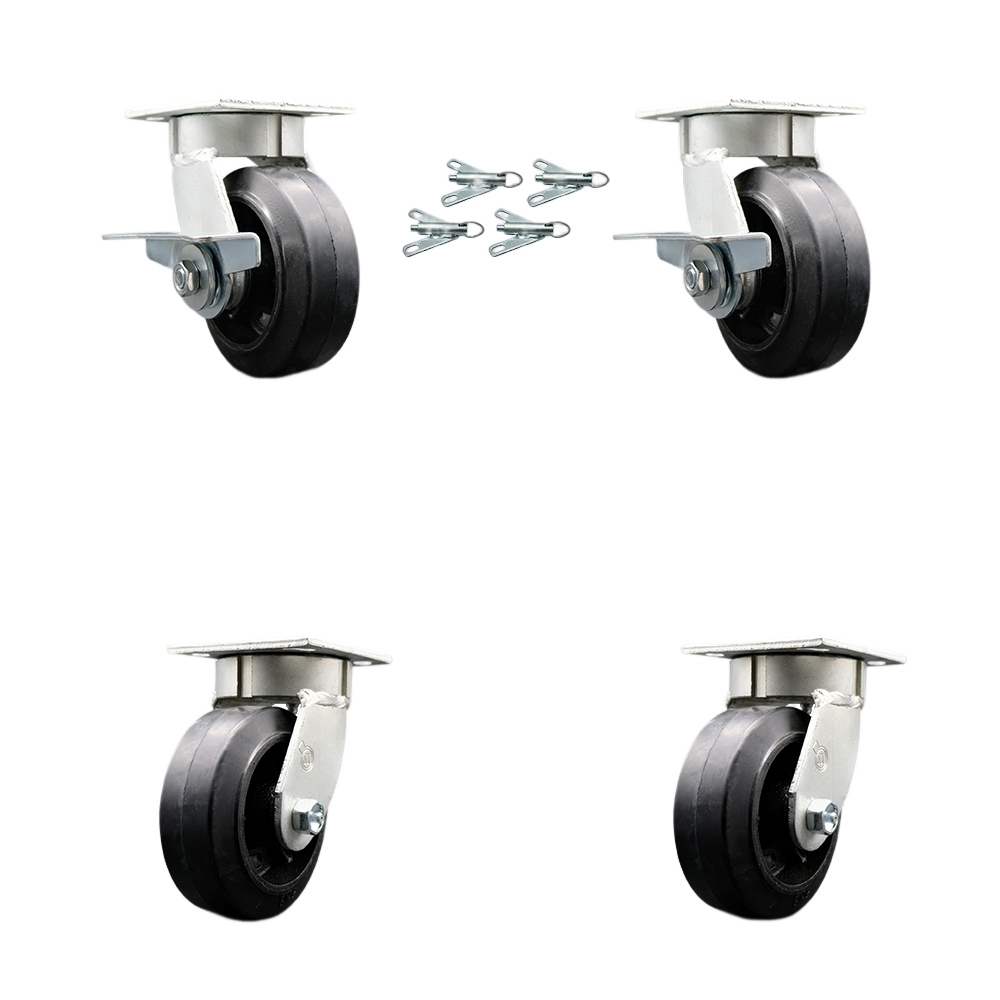 Kingpinless Rubber on Cast Iron Swivel Top Plate Caster Set 4 w/5" x 2" Black Wheels-Includes 2 Swvl w/Brakes and Bolt on Swvl Lcks& 2 Swvl w/Bolt on Swvl Lcks-1600lbs Total Cpty- Service Caster Brand — photo 1