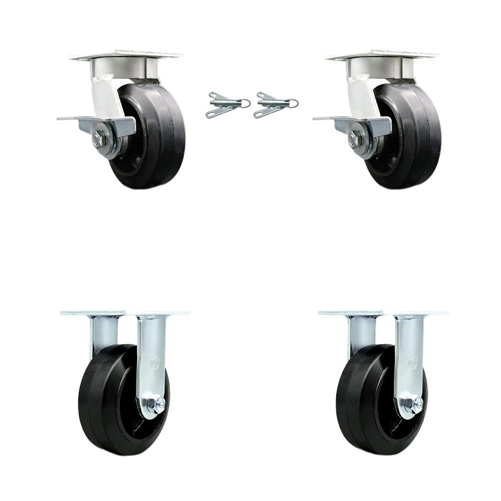 Kingpinless Rubber on Cast Iron Swivel Top Plate Caster Set of 4 w/5" x 2" Black Wheels - Includes 2 Swivel with Brakes and Bolt on Swivel Locks & 2 Rigid-1600lbs Total Capacity - Service Caster Brand — photo 1