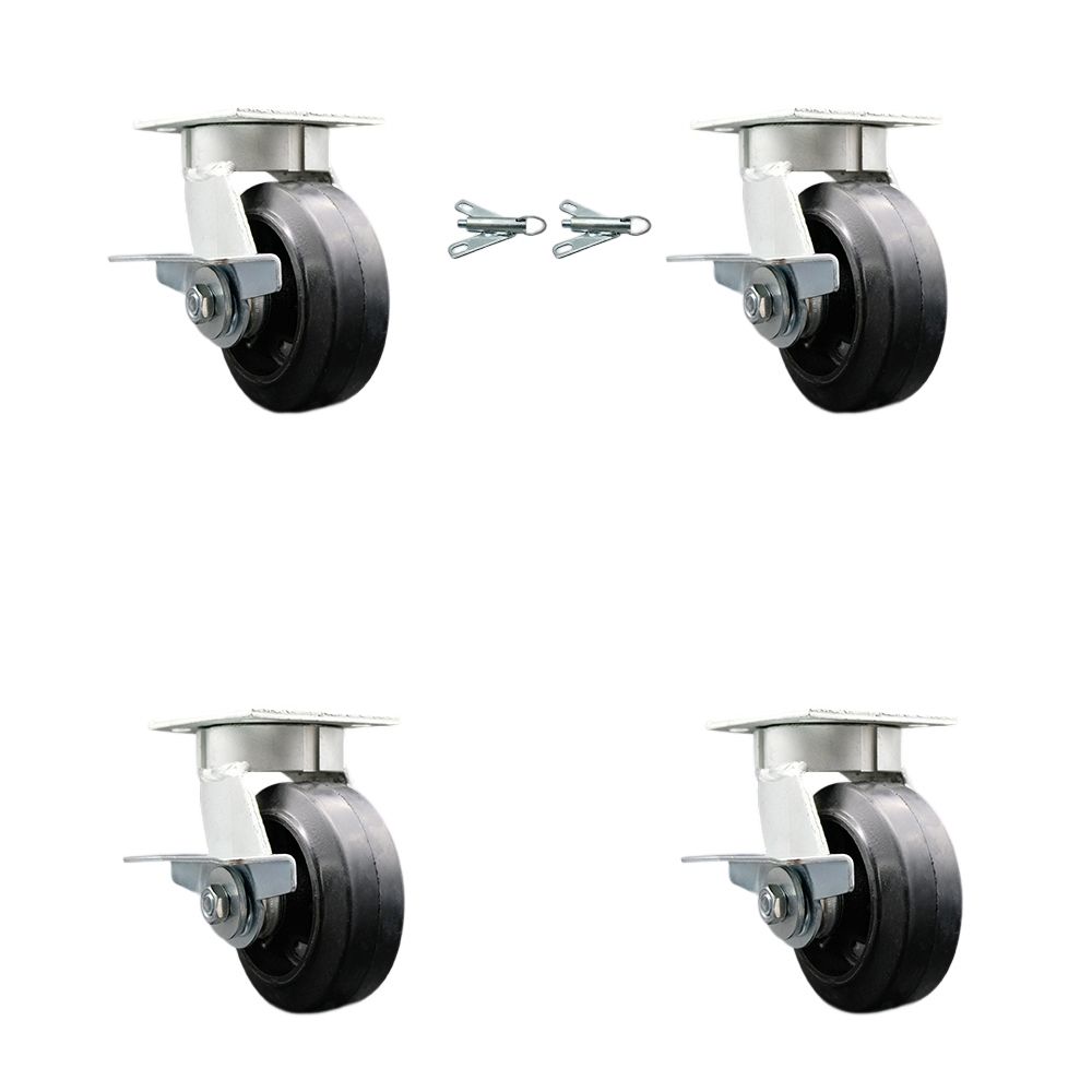 Heavy Duty Kingpinless Swivel Caster Set of 4 with 5 Inch Rubber on Cast Iron Wheels and Ball Bearings-Includes 2 Swivel with Brake and Bolt on Swivel Lock and 2 Swivel with Brake-Service Caster Brand — photo 1