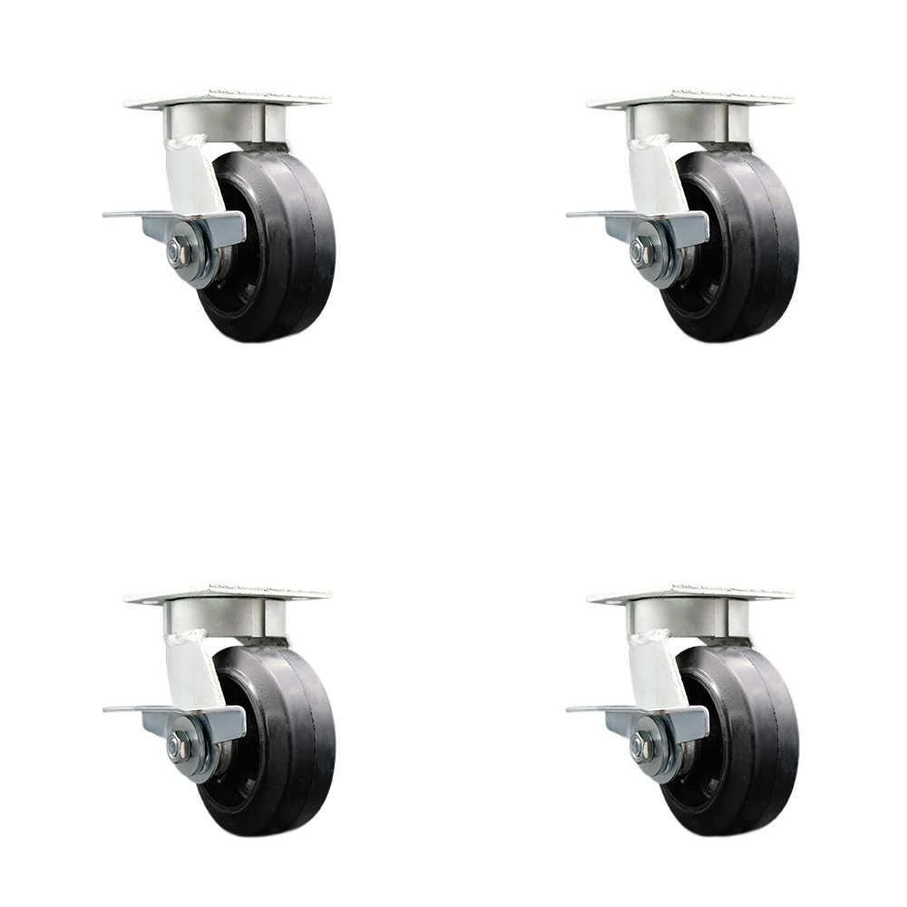 Heavy Duty Kingpinless Swivel Caster Set of 4 with 5 Inch Rubber on Cast Iron Wheels and Ball Bearings - Includes 4 Swivel with Side Lock Brakes and Bolt on Swivel Locks - Service Caster Brand — photo 1