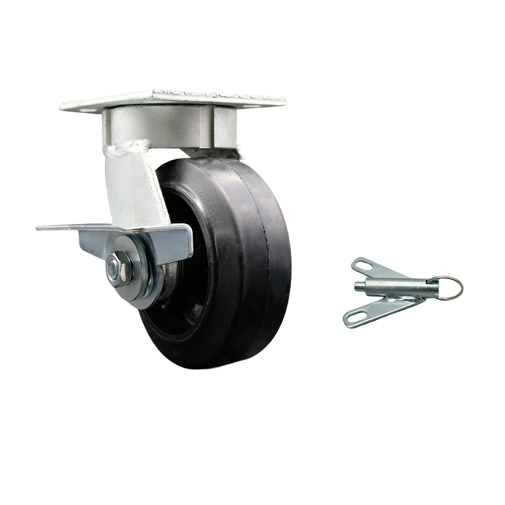 Kingpinless Rubber on Cast Iron Swivel Top Plate Caster w/5" x 2" Black Wheel & Side Lck Brake and Bolt on Swivel Lock - 400 lbs Capacity/Caster - Service Caster Brand — photo 1
