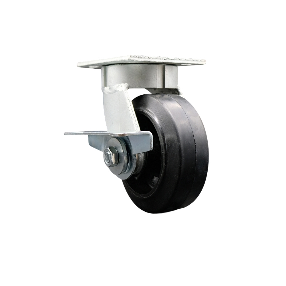 Heavy Duty Kingpinless Swivel Top Plate Caster with Side Lock Brake and 5 Inch Rubber on Cast Iron Wheel with Ball Bearings - 400 lbs. Capacity/Caster - Service Caster Brand — photo 1