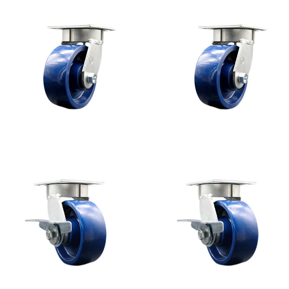 Kingpinless Solid Polyurethane Swivel Top Plate Caster Set of 4 w/5" x 2" Blue Wheels - Includes 2 Swivel with Brakes & 2 Swivel - 4000 lbs Total Capacity - Service Caster Brand — photo 1