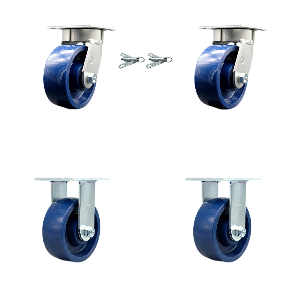 Kingpinless Solid Polyurethane Swivel Top Plate Caster Set of 4 w/5" x 2" Blue Wheels - Includes 2 Swivel with Bolt on Swivel Locks & 2 Rigid - 4000 lbs Total Capacity - Service Caster Brand — photo 1