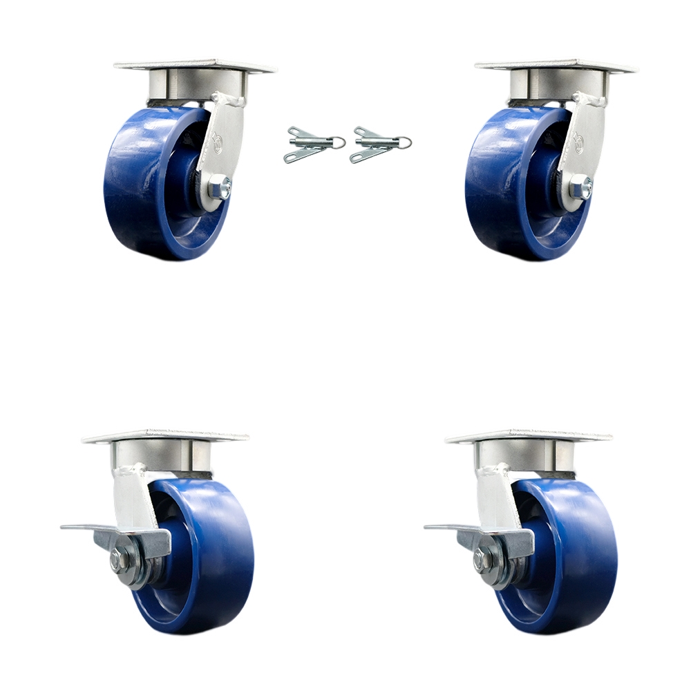 Kingpinless Solid Polyurethane Swivel Top Plate Caster Set of 4 w/5" x 2" Blue Wheels - Includes 2 Swivel with Bolt on Swivel Locks&2 Swivel with Brakes-4000 lbs Total Capacity - Service Caster Brand — photo 1