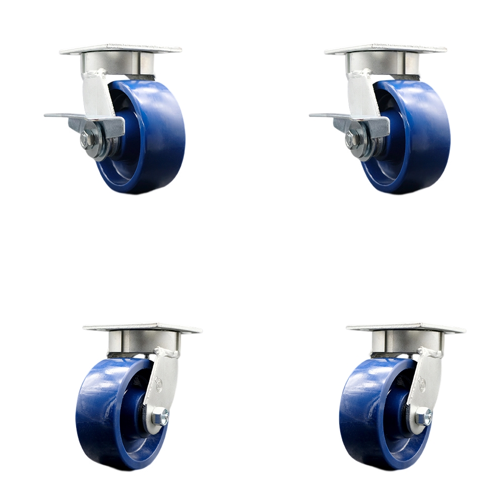 Kingpinless Solid Polyurethane Swivel Top Plate Caster Set 4 w/5" x 2" Blue Wheels-Includes 2 Swvl w/Brakes and Bolt on Swvl Lcks& 2 Swvl w/Bolt on Swvl Lcks-4000 lbs Total Cpty- Service Caster Brand — photo 1