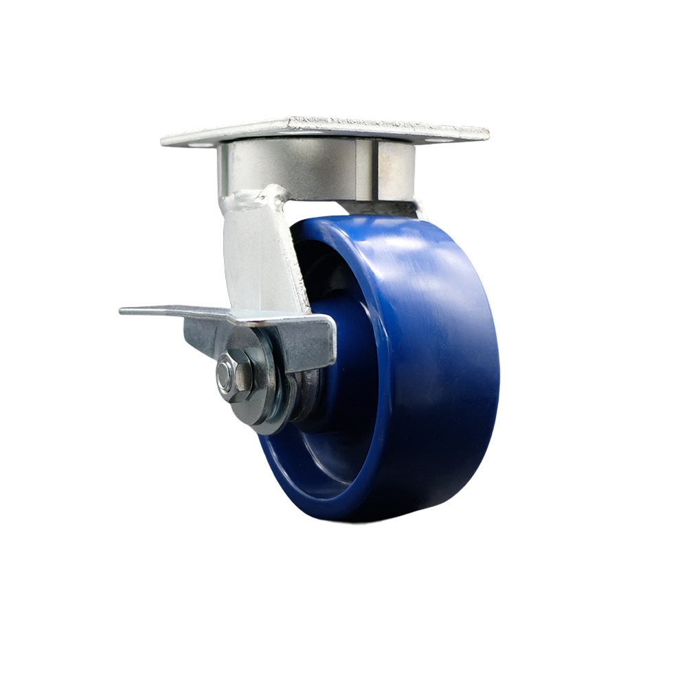 Kingpinless Solid Polyurethane Swivel Top Plate Caster w/5" x 2" Blue Wheel & Side Lck Brake - 1000 lbs Capacity/Caster - Service Caster Brand — photo 1