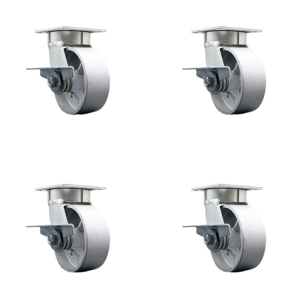 Heavy Duty Kingpinless Swivel Caster Set of 4 with 5 Inch Semi Steel Cast Iron Wheels and Bronze Bearings - Includes 4 Swivel with Side Lock Brakes - 4,000 lbs. Total Capacity - Service Caster Brand — photo 1