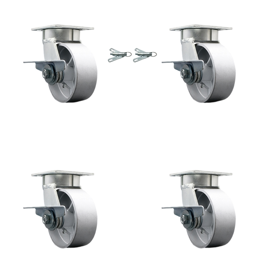 Kingpinless Semi Steel Cast Iron Swivel Top Plate Caster Set 4 w/5" x 2" Silver Wheels-Includes 2 Swivel with Brakes and Bolt on Swivel Lcks&2 Swivel w/Brakes-4000lbs Total Cpty - Service Caster Brand — photo 1