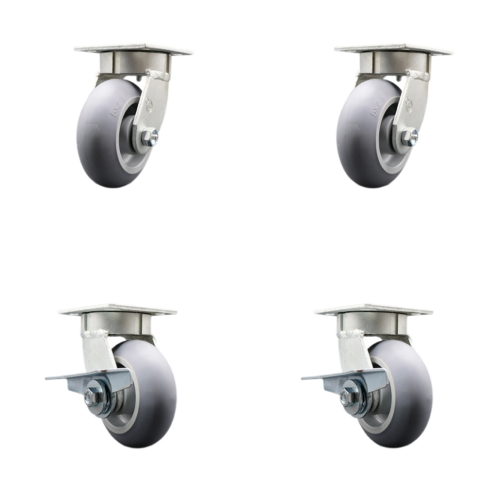 Kingpinless Thermo Rubber Donut Tread Swivel Top Plate Caster Set of 4 w/5" x 2" Gray Wheels - Includes 2 Swivel with Brakes & 2 Swivel - 1400 lbs Total Capacity - Service Caster Brand — photo 1