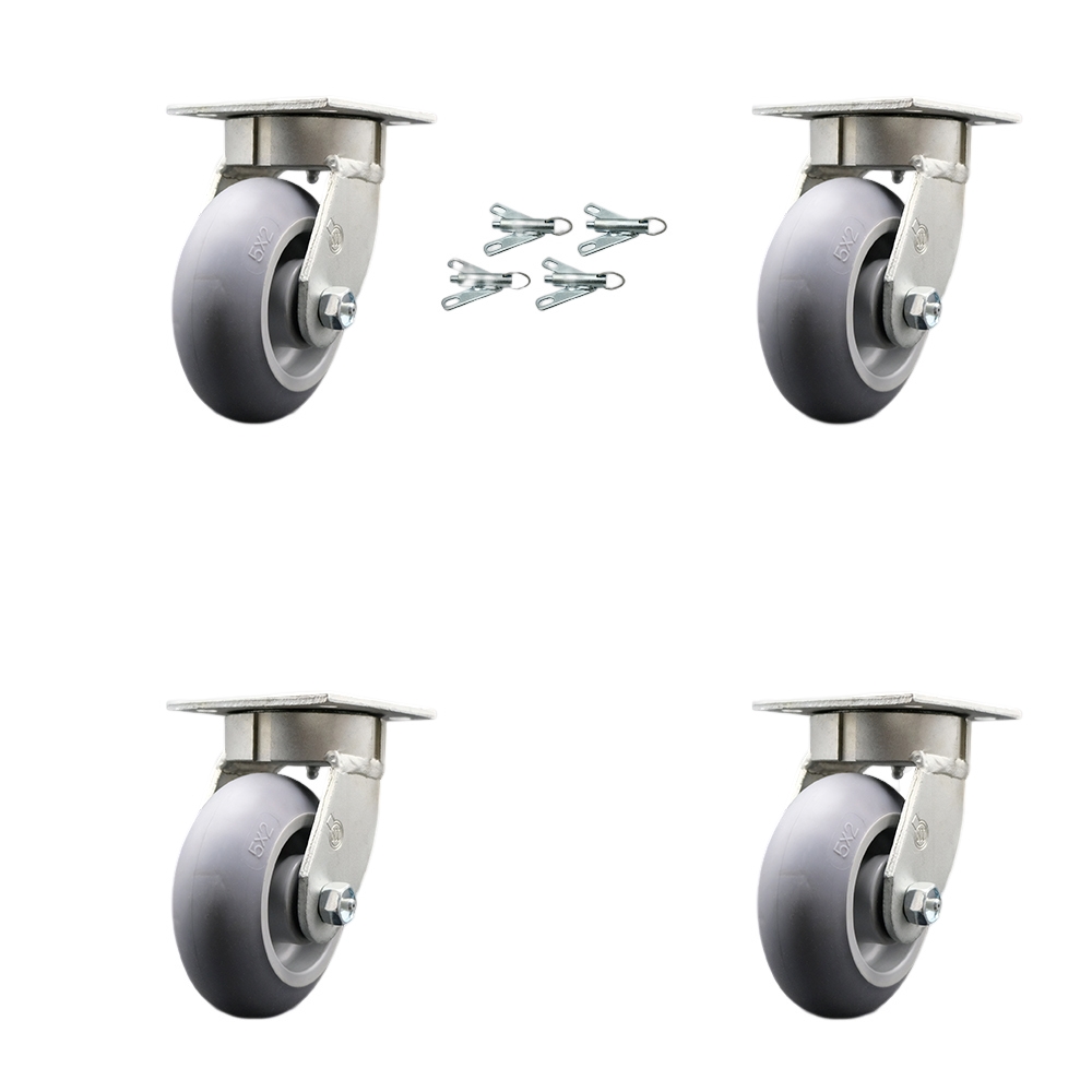 Kingpinless Thermo Rubber Donut Tread Swivel Top Plate Caster Set of 4 w/5" x 2" Gray Wheels - Includes 4 Swivel w/Bolt on Swivel Locks - 1400 lbs Total Capacity - Service Caster Brand — photo 1