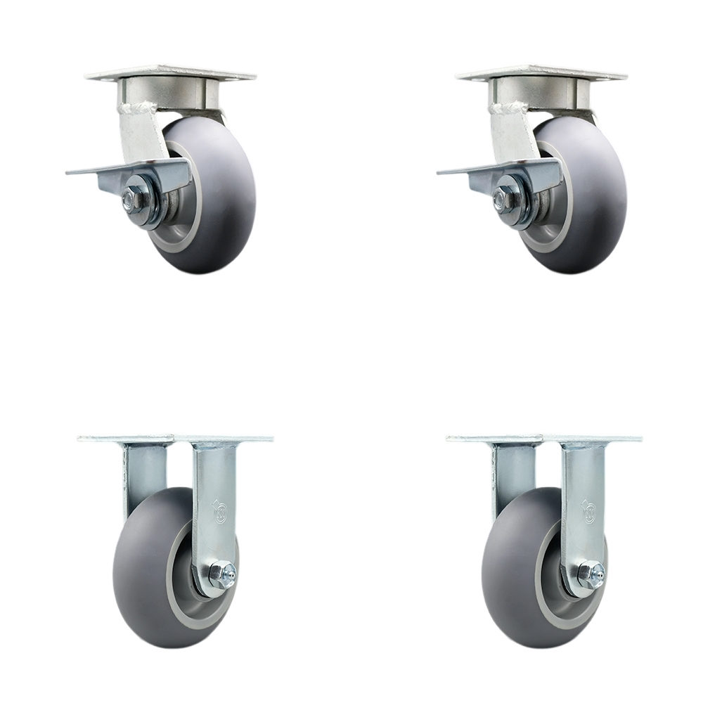 Kingpinless Thermo Rubber Donut Tread Swivel Top Plate Caster Set of 4 w/5" x 2" Gray Wheels - Includes 2 Swivel with Brakes & 2 Rigid - 1400 lbs Total Capacity - Service Caster Brand — photo 1