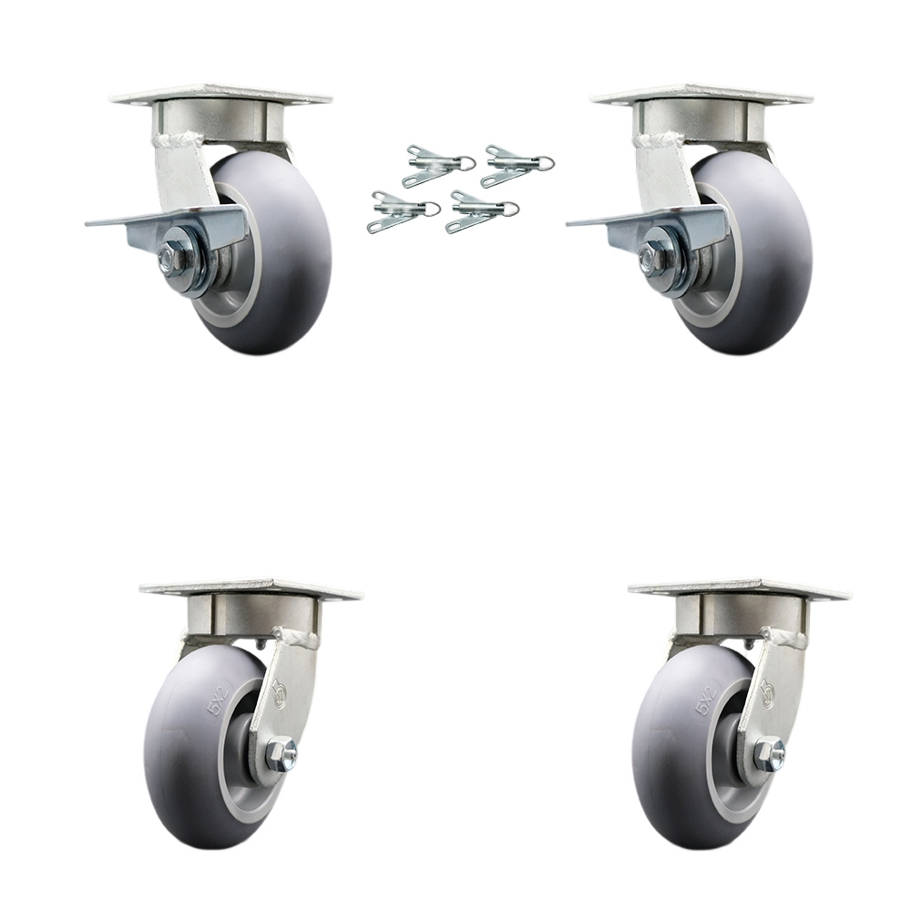 Kingpinless Thermo Rubber Donut Tread Swivel Top Plate Caster Set 4 w/5"x2" Gray Wheels-Includes 2 Swvl w/Brake and Bolt on Swvl Lcks&2 Swvl w/Bolt on Swvl Lcks-1400lbs Total Cpty-Service Caster Brand — photo 1