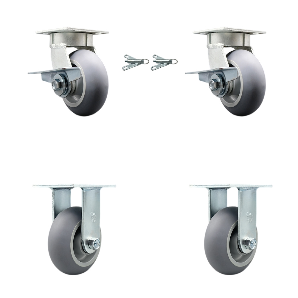 Kingpinless Thermo Rubber Donut Tread Swivel Top Plate Caster Set of 4 w/5" x 2" Gray Wheels - Includes 2 Swivel with Brakes and Bolt on Swivel Locks& 2 Rigid-1400lbs Total Cpty - Service Caster Brand — photo 1