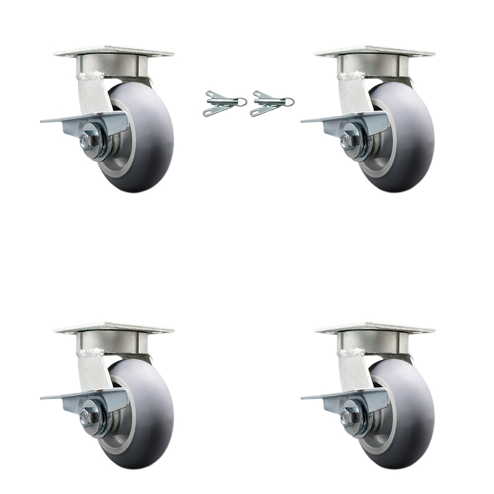 Kingpinless Thermo Rubber Donut Tread Swivel Top Plate Caster Set 4 w/5" x 2" Gray Wheels-Includes 2 Swivel with Brakes and Bolt on Swvl Lcks&2 Swvl with Brakes-1400lbs Total Cpty-Service Caster Brand — photo 1