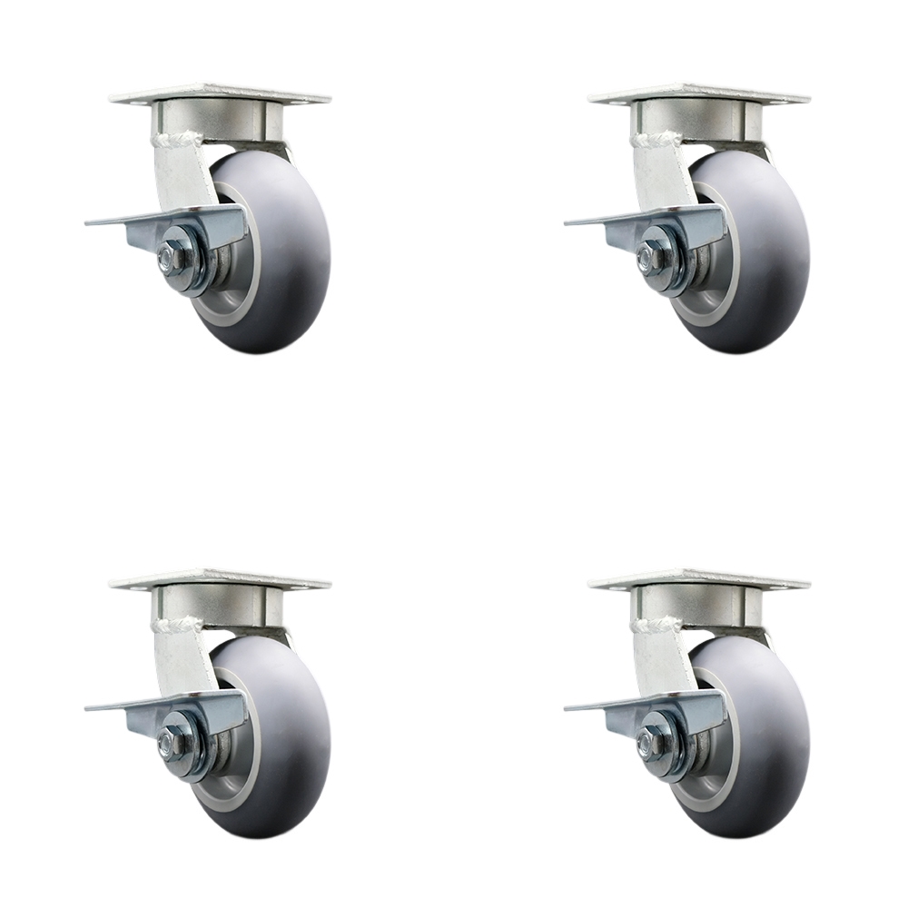 Kingpinless Thermo Rubber Donut Tread Swivel Top Plate Caster Set of 4 w/5" x 2" Gray Wheels - Includes 4 Swivel w/Side Lck Brakes & Bolt on Swivel Locks-1400 lbs Total Capacity - Service Caster Brand — photo 1