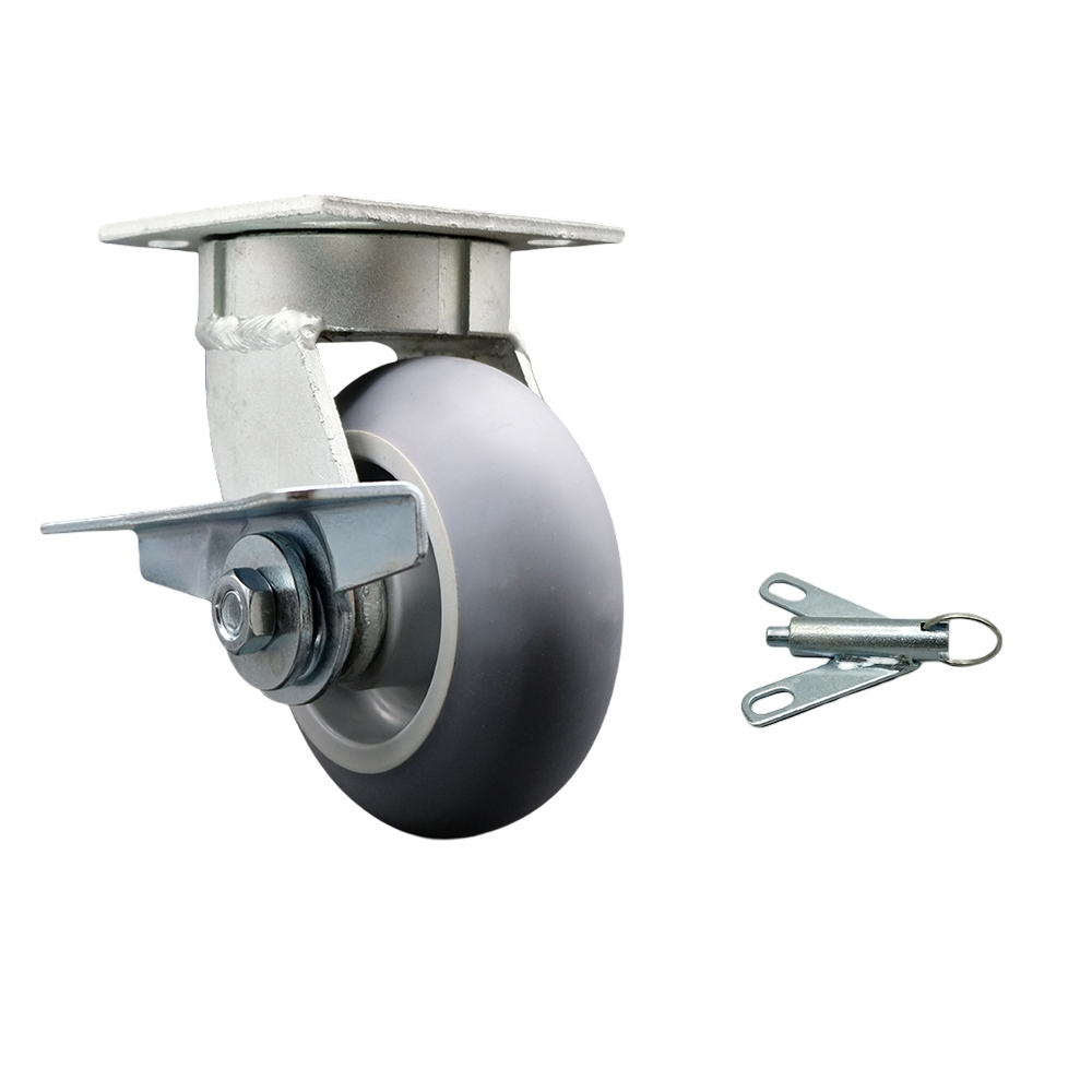 Kingpinless Thermo Rubber Donut Tread Swivel Top Plate Caster w/5" x 2" Gray Wheel & Side Lck Brake and Bolt on Swivel Lock - 350 lbs Capacity/Caster - Service Caster Brand — photo 1
