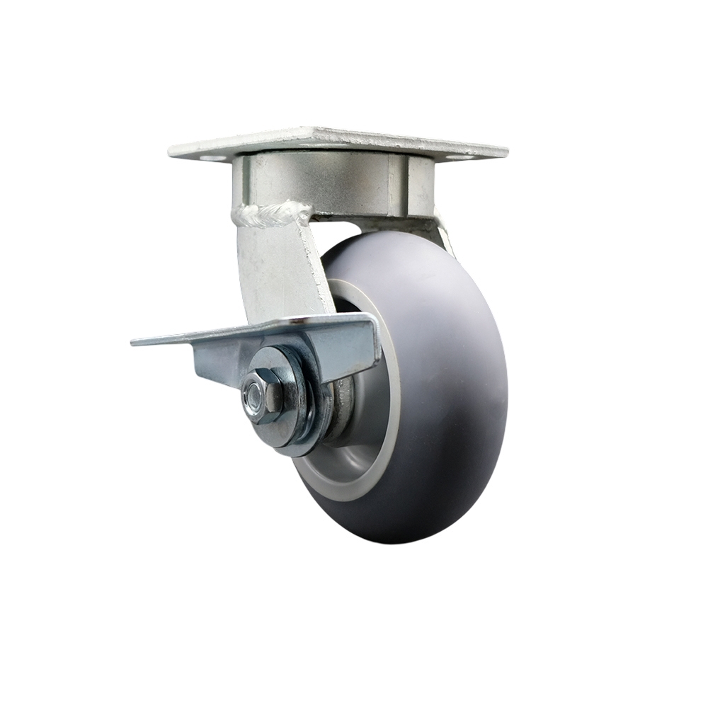 Kingpinless Thermo Rubber Donut Tread Swivel Top Plate Caster w/5" x 2" Gray Wheel & Side Lck Brake - 350 lbs Capacity/Caster - Service Caster Brand — photo 1