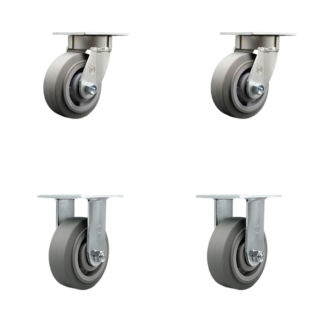 Kingpinless Thermo Rubber Flat Tread Swivel Top Plate Caster Set of 4 w/5" x 2" Gray Wheels - Includes 2 Swivel & 2 Rigid - 1400 lbs Total Capacity - Service Caster Brand — photo 1