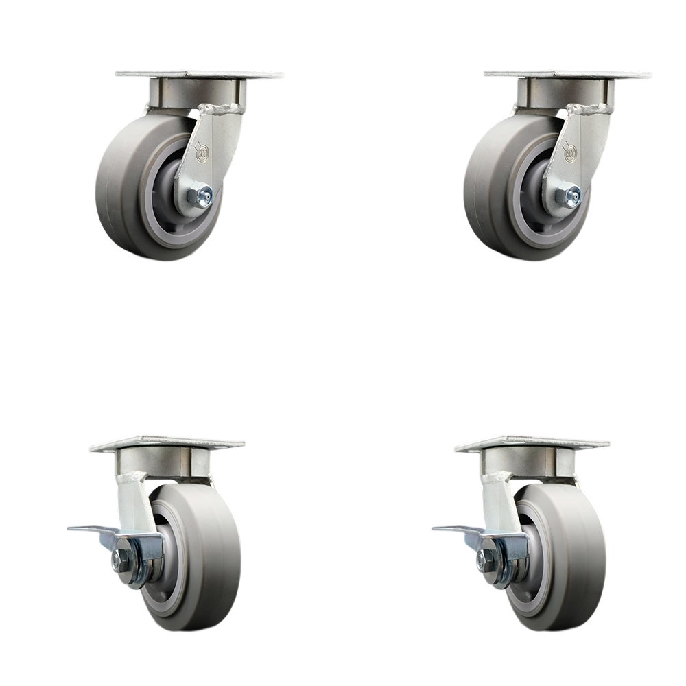 Kingpinless Thermo Rubber Flat Tread Swivel Top Plate Caster Set of 4 w/5" x 2" Gray Wheels - Includes 2 Swivel with Brakes & 2 Swivel - 1400 lbs Total Capacity - Service Caster Brand — photo 1