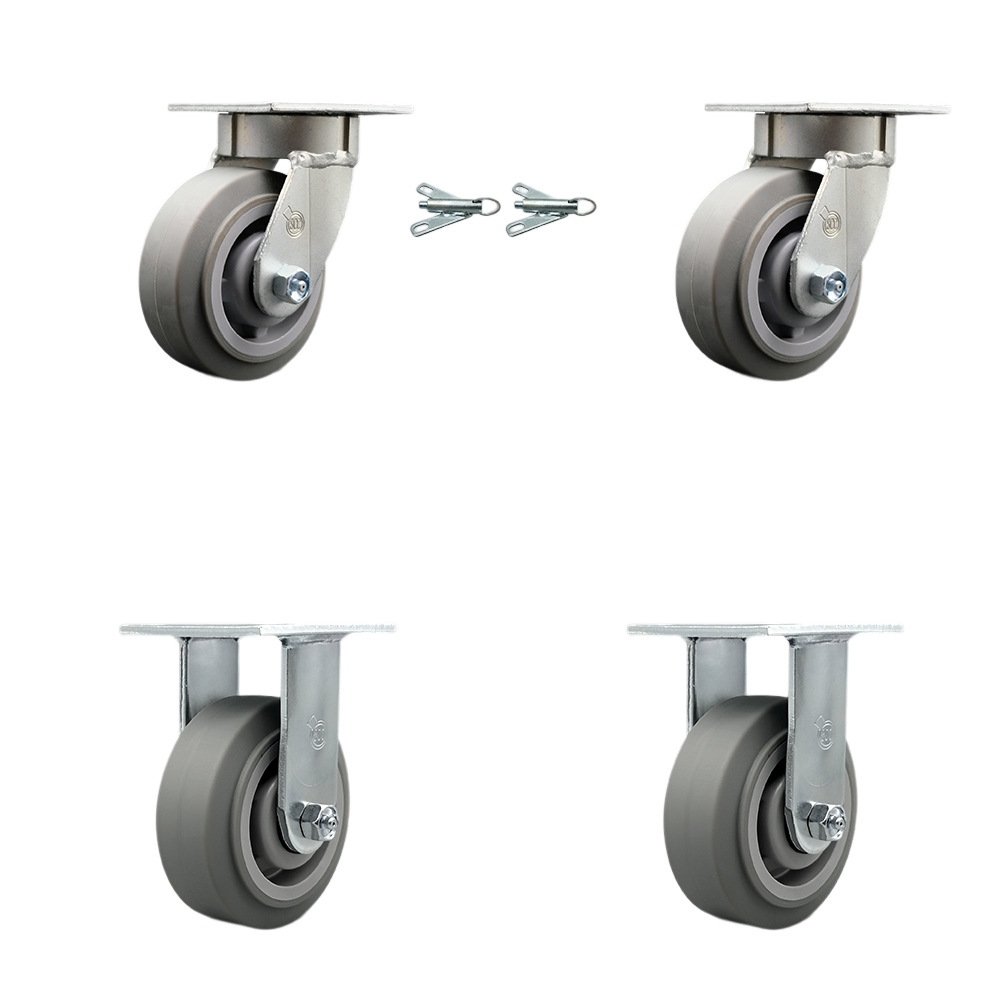 Kingpinless Thermo Rubber Flat Tread Swivel Top Plate Caster Set of 4 w/5" x 2" Gray Wheels - Includes 2 Swivel with Bolt on Swivel Locks & 2 Rigid - 1400 lbs Total Capacity - Service Caster Brand — photo 1