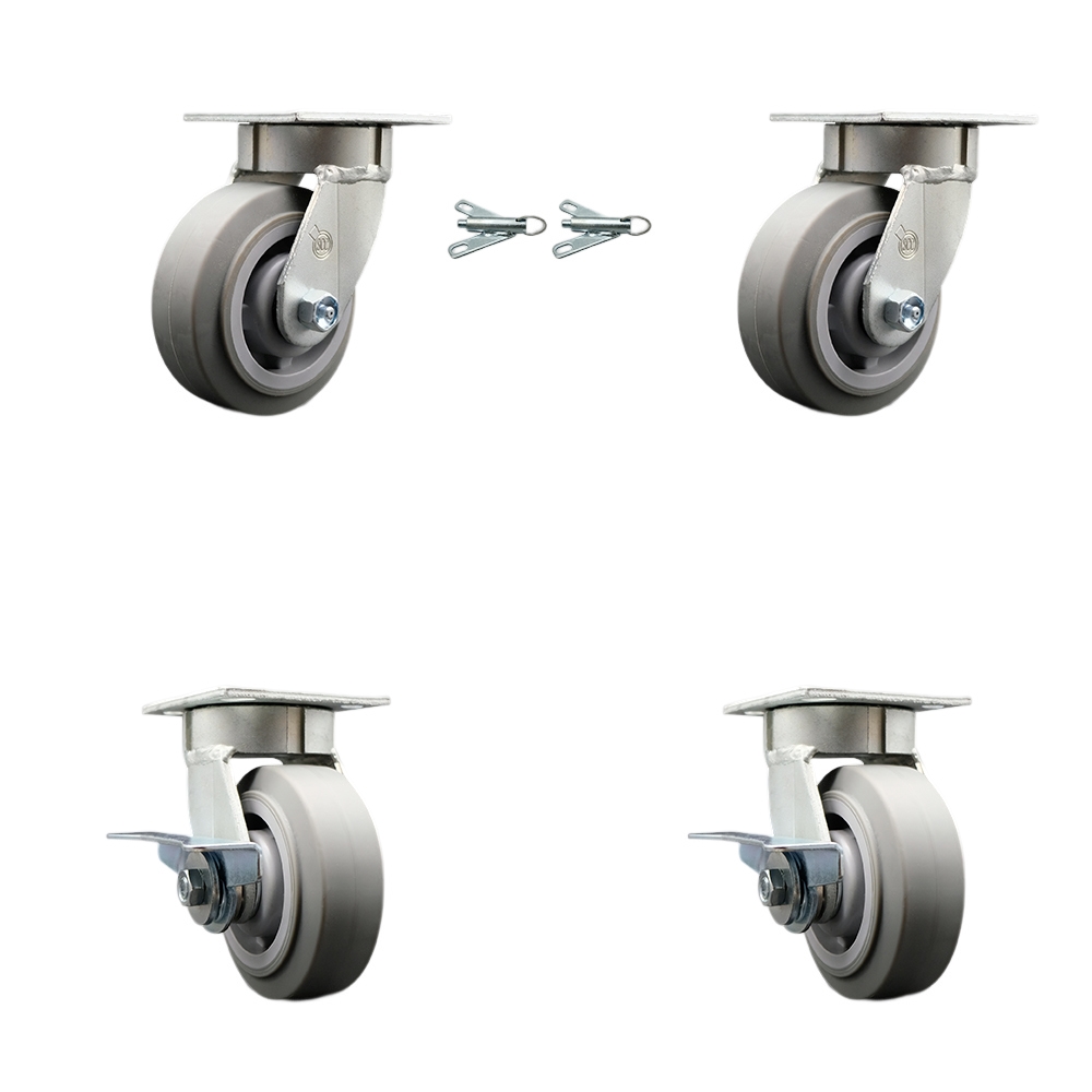 Kingpinless Thermo Rubber Flat Tread Swivel Top Plate Caster Set of 4 w/5" x 2" Gray Wheels - Includes 2 Swivel with Bolt on Swivel Locks&2 Swivel with Brakes-1400lbs Total Cpty - Service Caster Brand — photo 1
