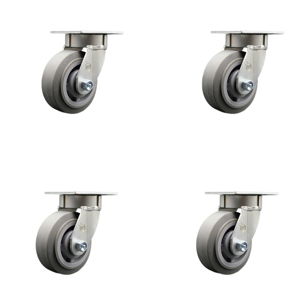 Kingpinless Thermo Rubber Flat Tread Swivel Top Plate Caster Set of 4 w/5" x 2" Gray Wheels - Includes 4 Swivel w/Bolt on Swivel Locks - 1400 lbs Total Capacity - Service Caster Brand — photo 1