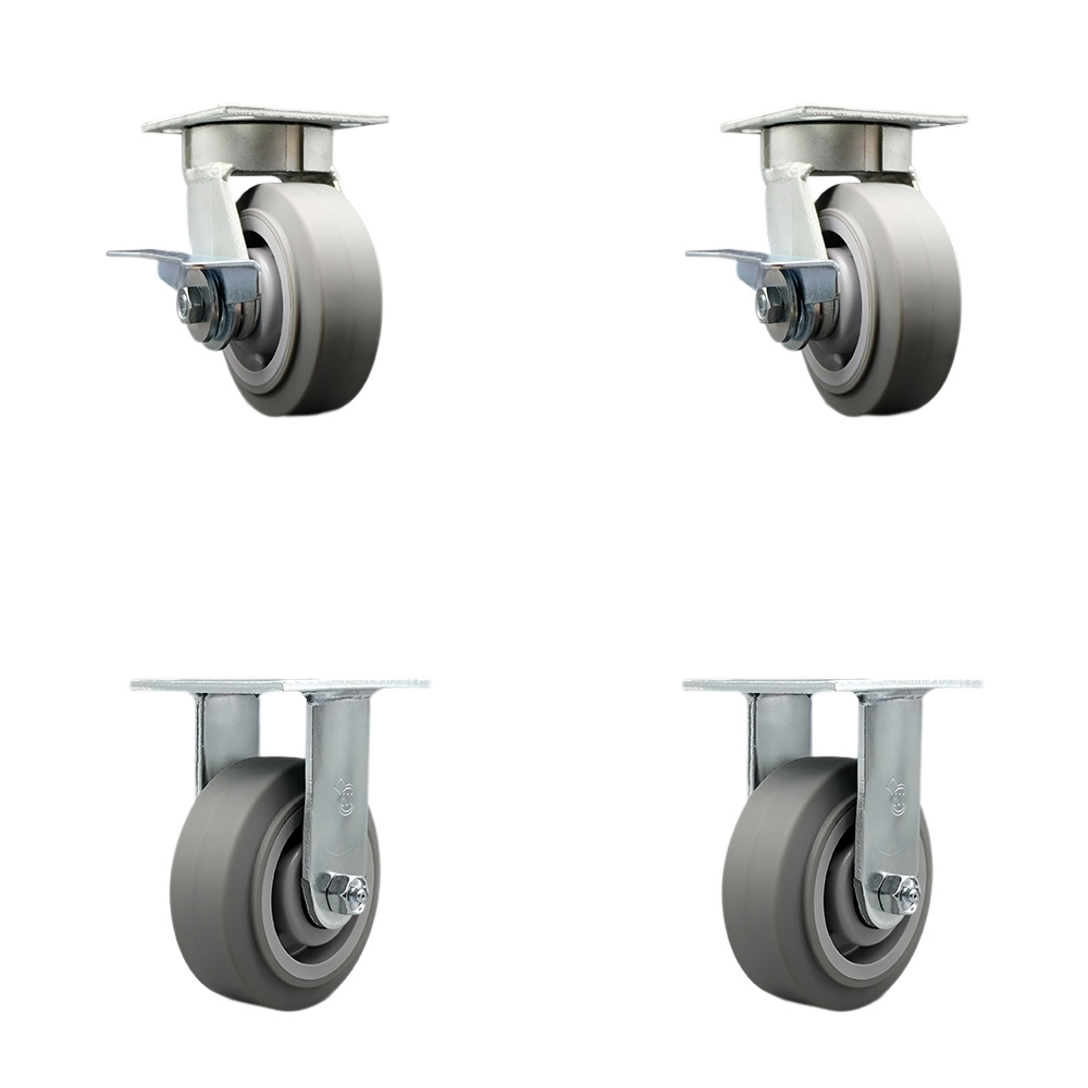 Kingpinless Thermo Rubber Flat Tread Swivel Top Plate Caster Set of 4 w/5" x 2" Gray Wheels - Includes 2 Swivel with Brakes & 2 Rigid - 1400 lbs Total Capacity - Service Caster Brand — photo 1