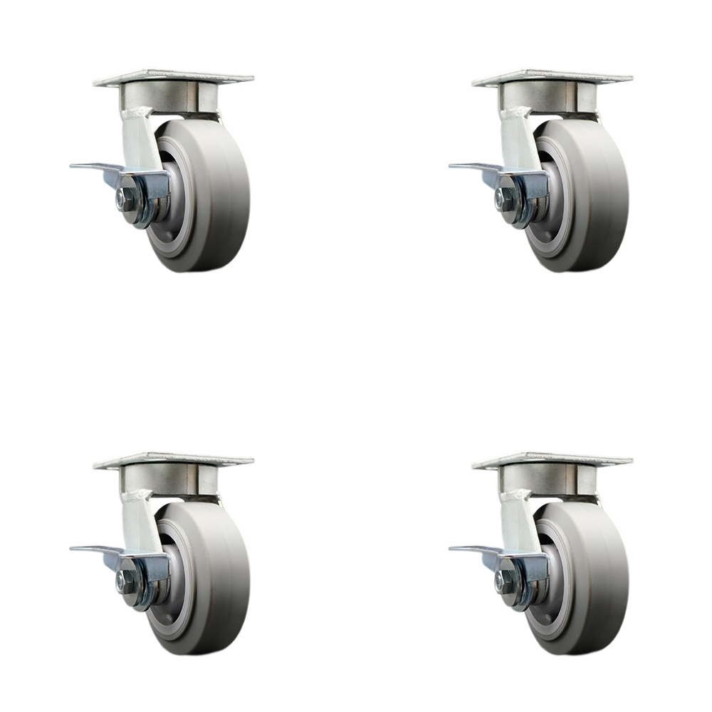 Kingpinless Thermo Rubber Flat Tread Swivel Top Plate Caster Set of 4 w/5" x 2" Gray Wheels - Includes 4 Swivel w/Side Lck Brakes - 1400 lbs Total Capacity - Service Caster Brand — photo 1