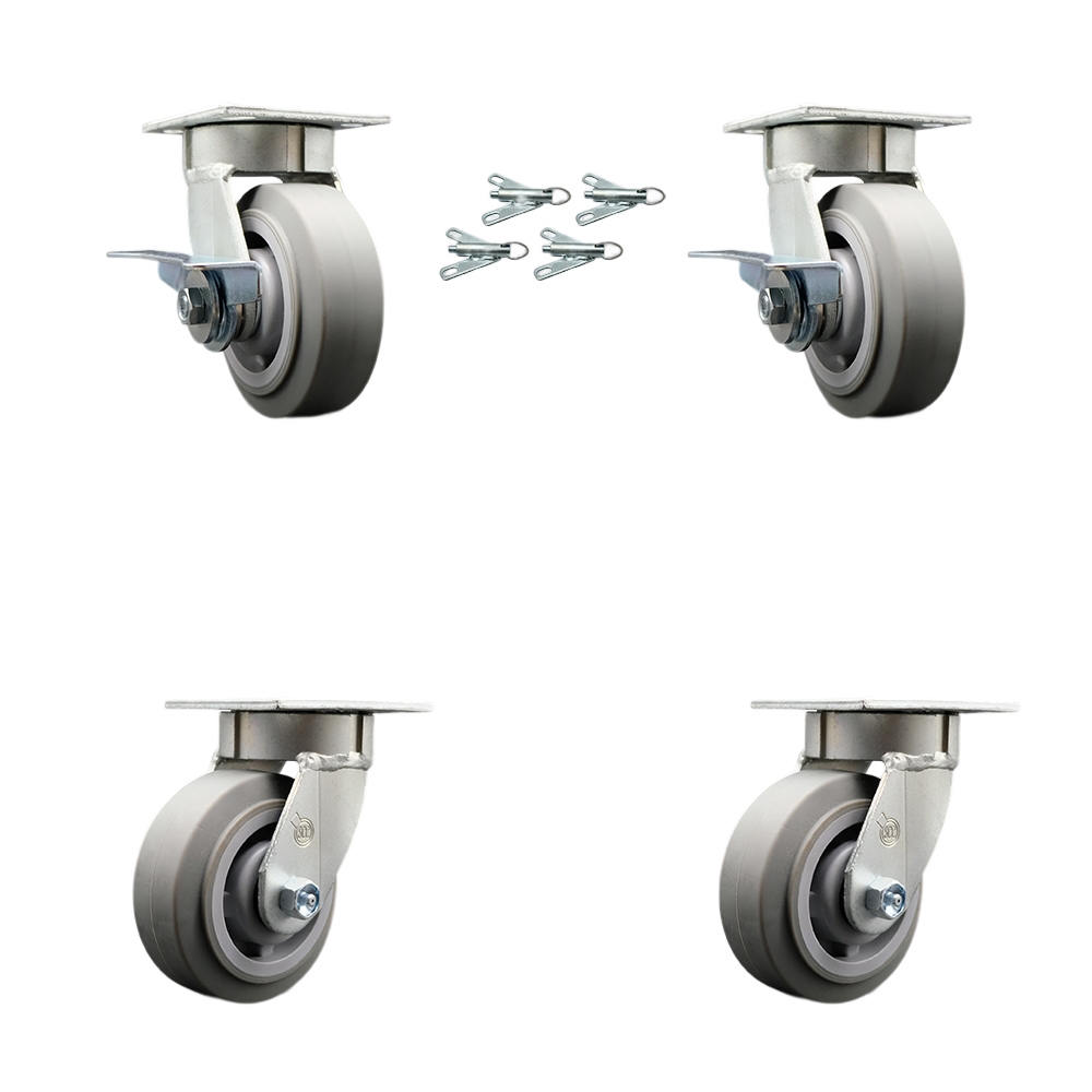 Kingpinless Thermo Rubber Flat Tread Swivel Top Plate Caster Set 4 w/6"x2" Gray Wheels-Includes 2 Swvl w/Brakes and Bolt on Swvl Lcks&2 Swvl w/Bolt on Swvl Lcks-2000lbs Total Cpty-Service Caster Brand — photo 1