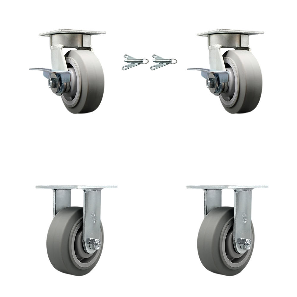 Kingpinless Thermo Rubber Flat Tread Swivel Top Plate Caster Set of 4 w/5" x 2" Gray Wheels - Includes 2 Swivel with Brakes and Bolt on Swivel Locks & 2 Rigid-1400lbs Total Cpty - Service Caster Brand — photo 1