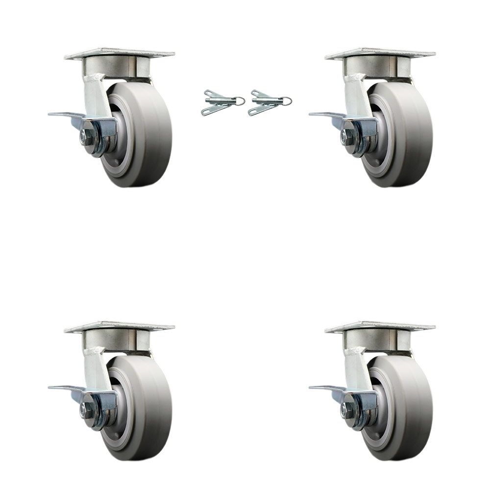 Kingpinless Thermo Rubber Flat Tread Swivel Top Plate Caster Set 4 w/5" x 2" Gray Wheels-Includes 2 Swivel with Brakes and Bolt on Swvl Locks&2 Swvl with Brakes-1400lbs Total Cpty-Service Caster Brand — photo 1