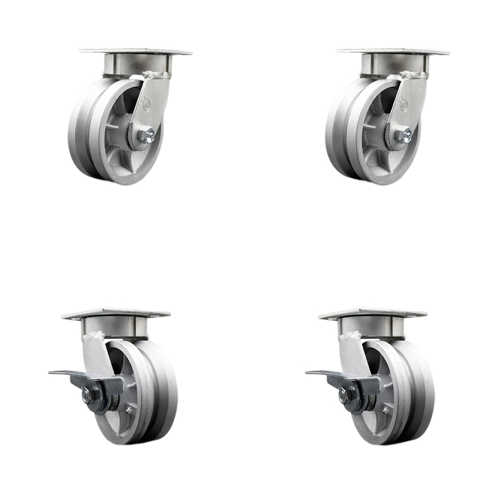 Heavy Duty Kingpinless Swivel Caster Set of 4 with 5 Inch V-Groove Semi Steel Cast Iron Wheels and Bronze Bearings-Includes 2 Swivel with Brake & 2 Swivel-4,400lbs. Total Capacity-Service Caster Brand — photo 1