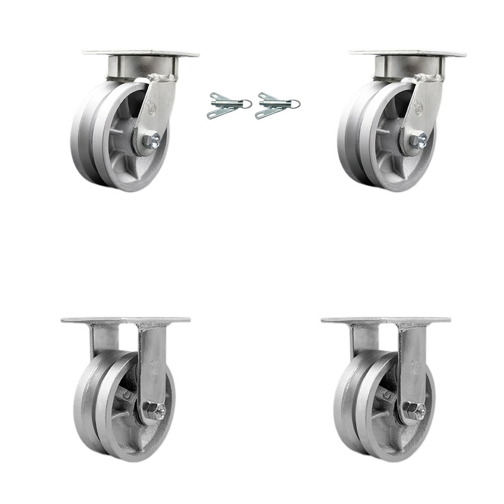Heavy Duty Kingpinless Swivel Caster Set of 4 with 5 Inch V-Groove Semi Steel Cast Iron Wheels and Bronze Bearings - Includes 2 Swivel with Bolt on Swivel Locks and 2 Rigid - Service Caster Brand — photo 1
