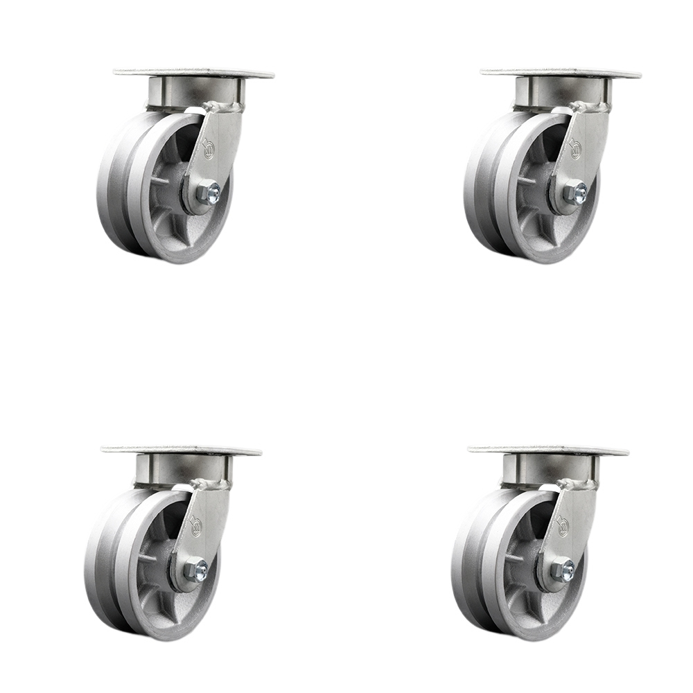 Heavy Duty Kingpinless Swivel Caster Set of 4 with 5 Inch V-Groove Semi Steel Cast Iron Wheels & Bronze Bearings-Include 4 Swivel with Bolt on Swivel Lock-4,400lbs. Total Capacity-Service Caster Brand — photo 1